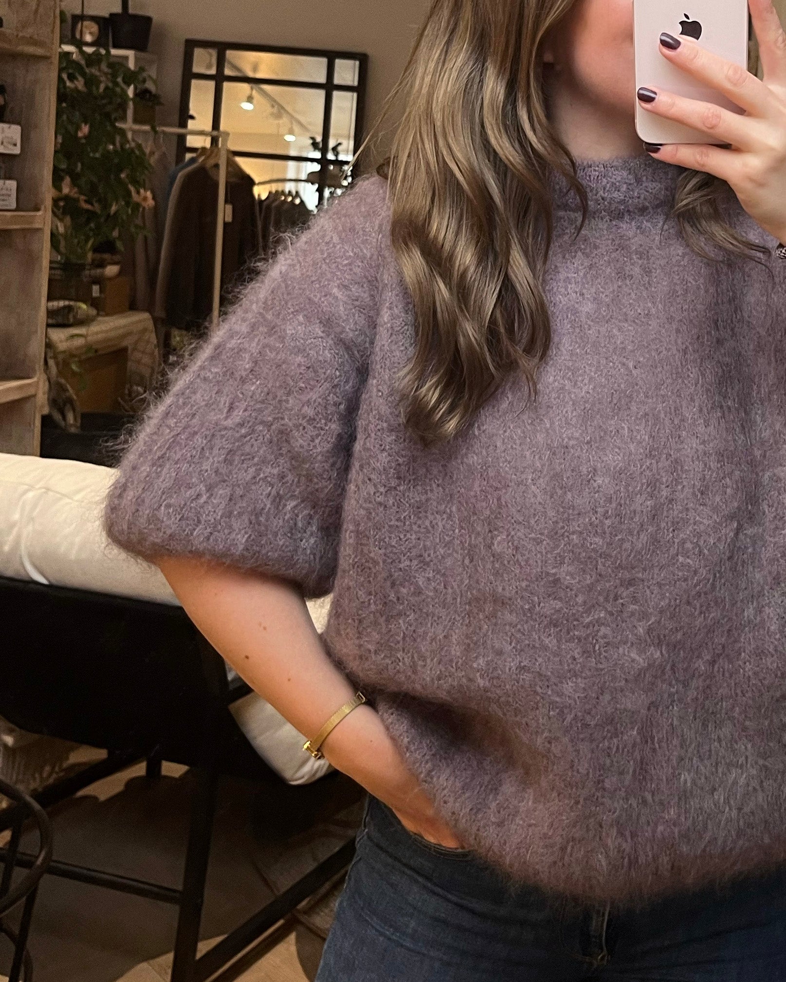 Lyhythihainen neulepusero kid mohairia, taupe