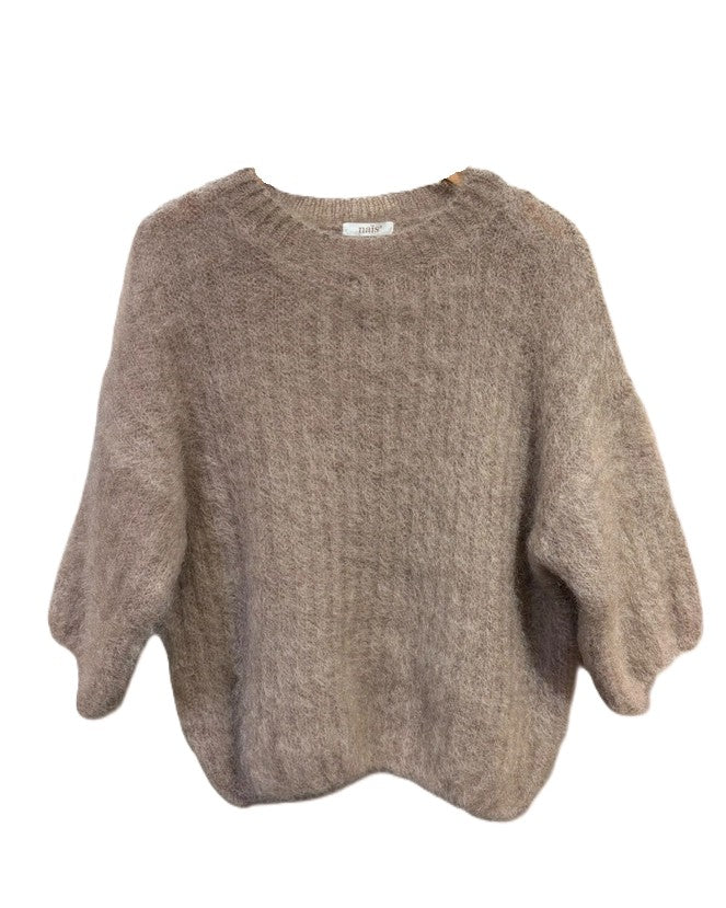 Lyhythihainen neulepusero kid mohairia, Taupe